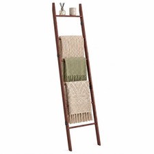 6 Tier Brown Blanket Ladder with Shelf, Wooden Blanket Rack for Living Room, ...