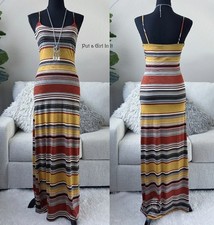 USA New Womens SEXY SLINKY RUST MUSTARD STRIPED BOHEMIAN BOHO MAXI DRESS S M
