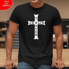 Jesus Saves Cross T Shirt Printed Christian Christianity Men 100% Cotton Tee Top
