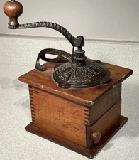 Antique Coffee Grinder Cast Iron Hand Crank with Wooden Dove Tail Base
