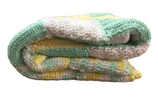 Hand Crocheted Baby Blanket, Square 44 Scalloped Edge Green, Yellow, And White
