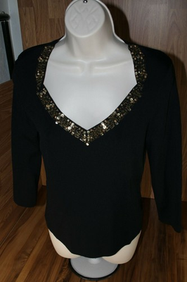 #ad Embellished Sweater black 3 4 sleeve princess neck Cable amp; Gauge  M $67.65