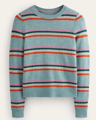 43 Boden Edie Crew Fair Isle Sweater Tourmaline Blue Diamond Stripe L NEW
