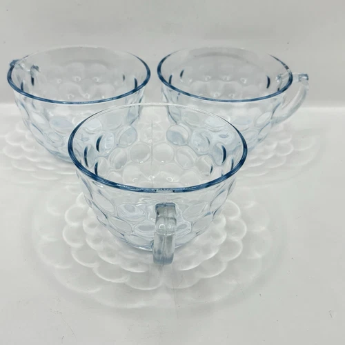 3 VTG Blue Bubble Anchor Hocking Depression Federal Glass Coffee / Tea Cups