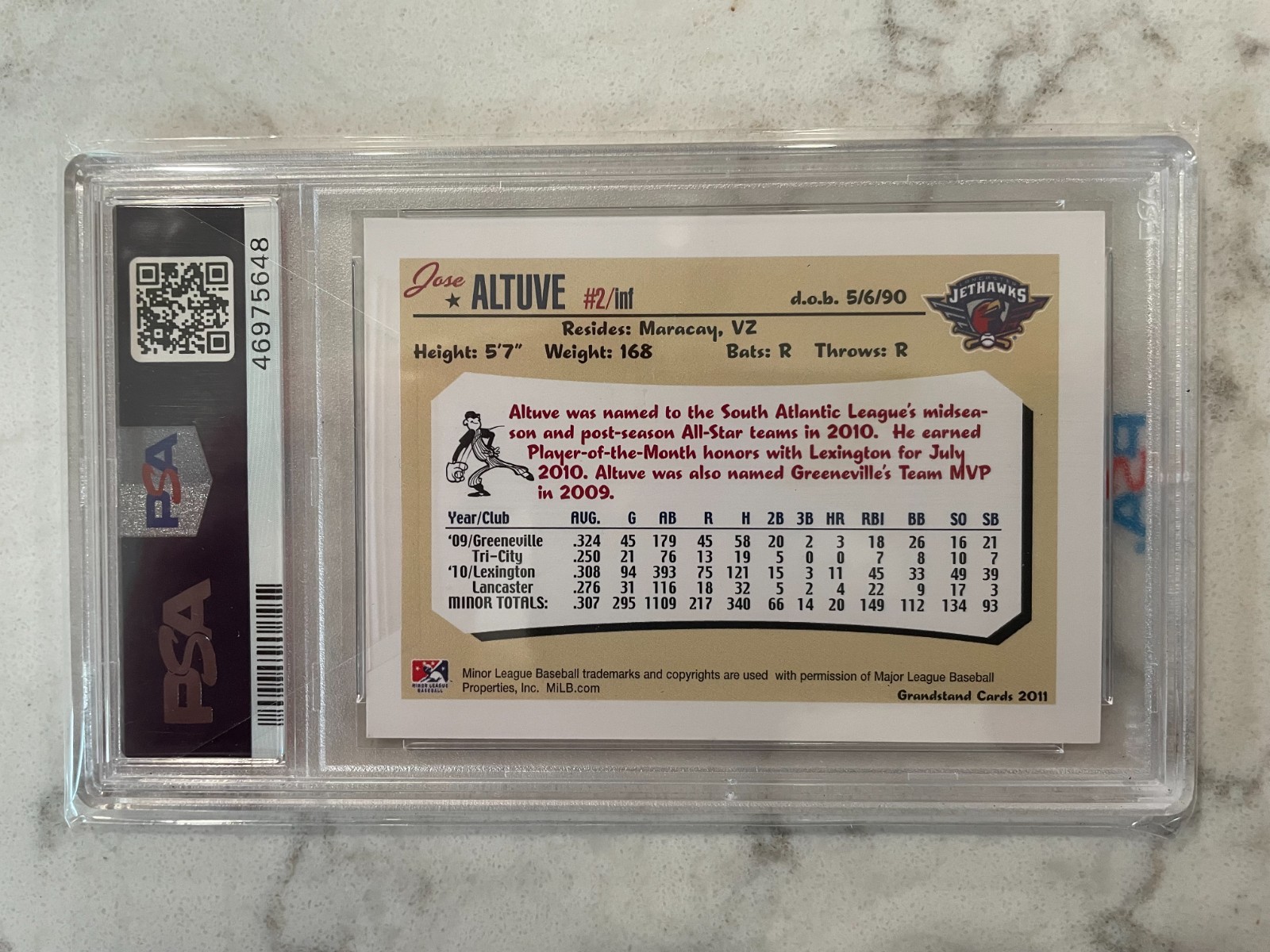 2011 Grandstand Jose Altuve Minor League RC Lancaster Jethawks PSA 8 view 2