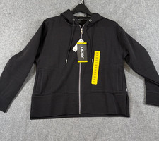 DKNY Ottoman Full Zip Hoodie Womens Medium Black Stretch Lined Drawstring NWT