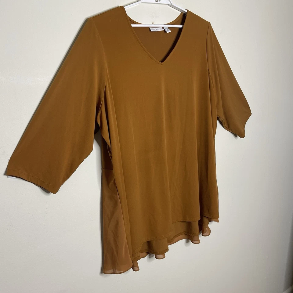 Blusa SUSAN GRAVER Mujer 3X Amarillo Mostaza Tejido Líquido Gasa Túnica Fluida Boho Foto 4 de 4