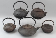 5 Small SIGNED Antique Japanese Cast Iron Tetsubin Teapots, NO RESERVE