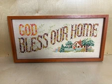 VTG (80s) God Bless Our Home Cross Stitch  -  22x11 FRAMED / Great Colors