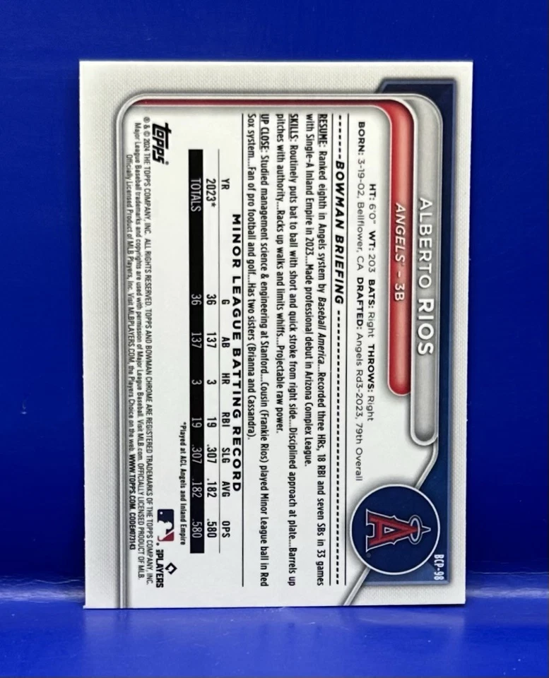 2024 Bowman Chrome Prospect Alberto Rios # BCP-98 Los Angeles Angels - Image 2 of 2