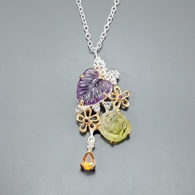 AAA Schnitzerei 17 Karat Natürlicher Amethyst Halskette 925 Sterlingsilber 17''/N26700