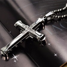 Mens Crystal Cross Jesus Pendant Necklace Zirconia Stainless Steel Gold Black