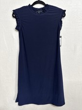 Tiana B. Medium Navy Midi Shift Dress Sleeveless Ruffle Neck Women’s NWT USA