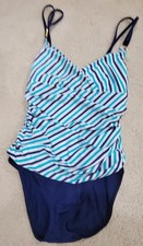 Lauren Ralph Lauren 1Pc Aqua Blue White Striped Ruched Swimsuit SZ 8