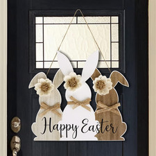 Easter Wooden Hanging Sign, Cute Wooden Bunny Happy Easter Wreath Door Sign, ...