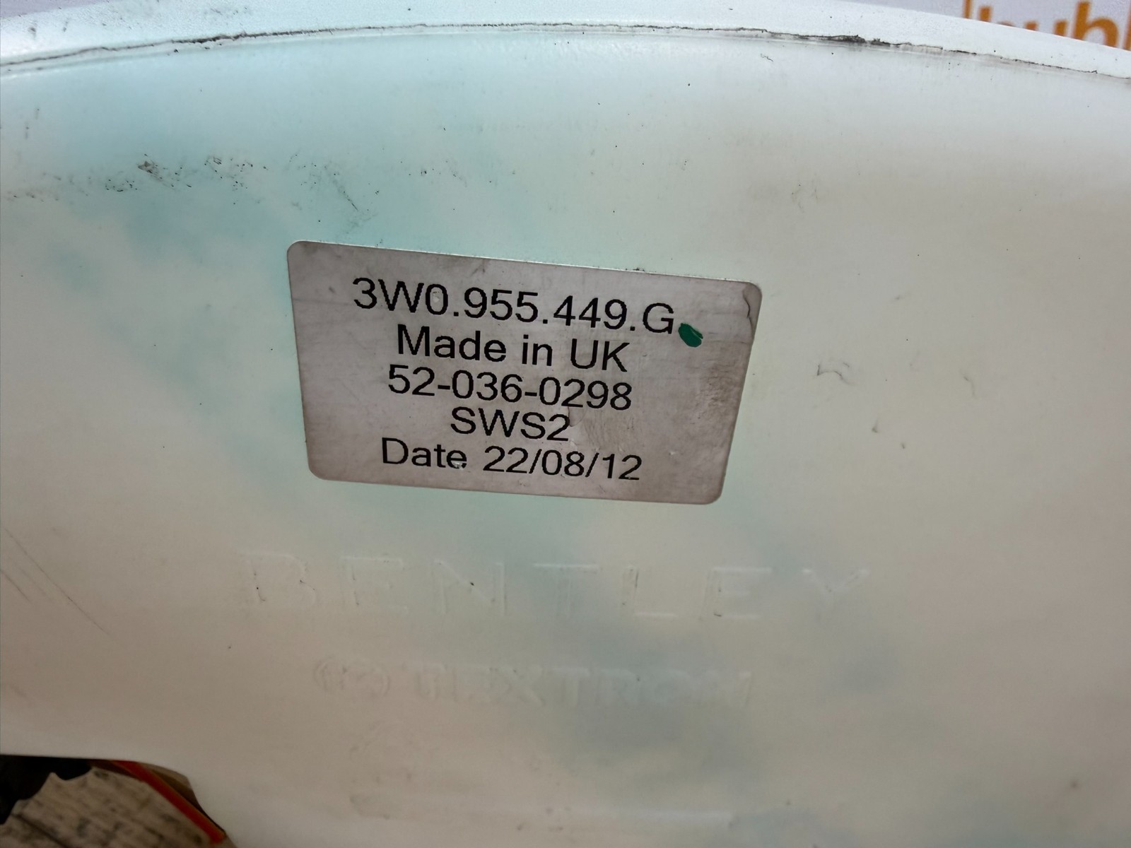 2013 BENTLEY CONTINENTAL GT WINDSHIELD WASHER FLUID RESERVOIR BOTTLE TANK