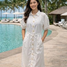J. Crew Maxi Shirt Dress Cotton Poplin Size M White Collard Puff Sleeves NWT