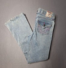 True Religion Girls Size 10 Jeans Blue Denim Pink Stitch Y2K Embroidered Wideleg