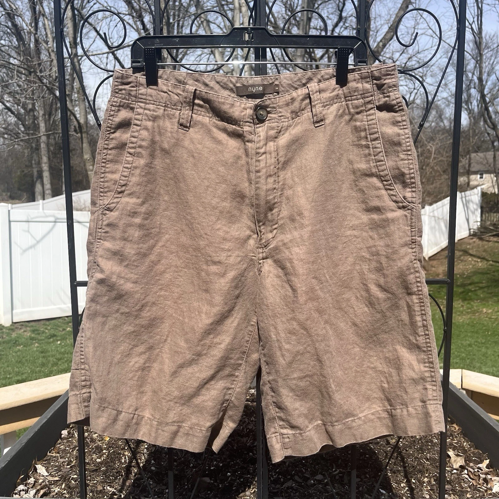 Nyne Men’s Brown Linen & Cotton Blend 10” Mid Rise Shorts Size 34 Lightweight
