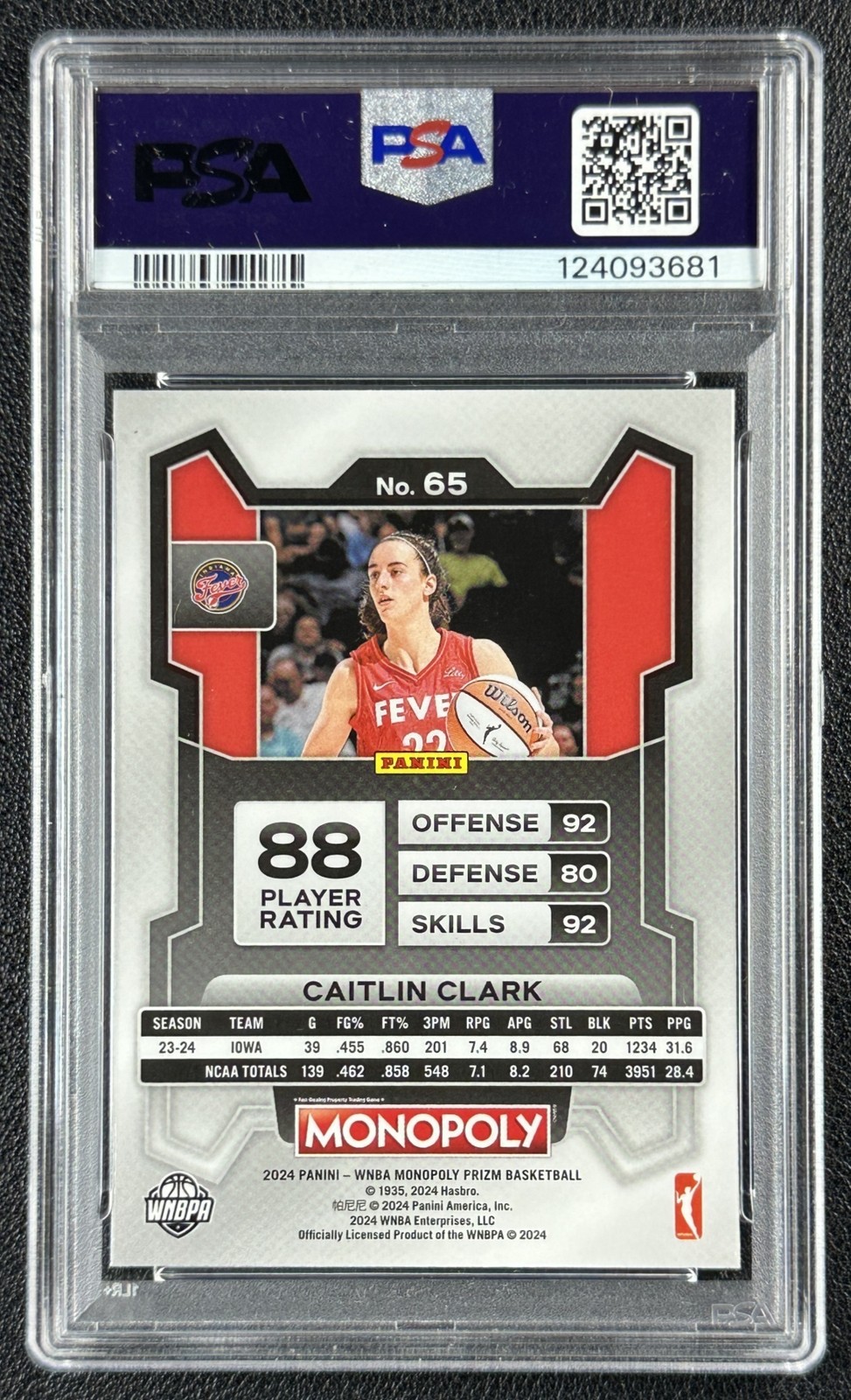 CAITLIN CLARK PSA 10 2024 PANINI PRIZM MONOPOLY WNBA #65 ROOKIE RC FEVER 3681 view 2