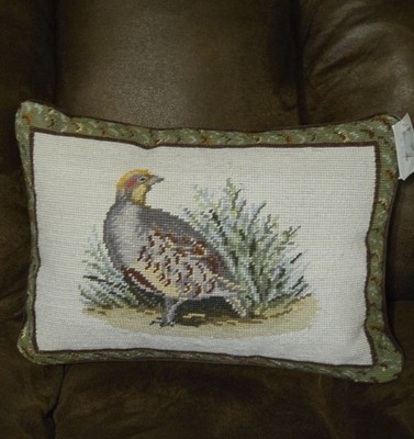 VTG Needlepoint Throw Pillow Winter Partridge Bird Velvet Back Peking Handicraft