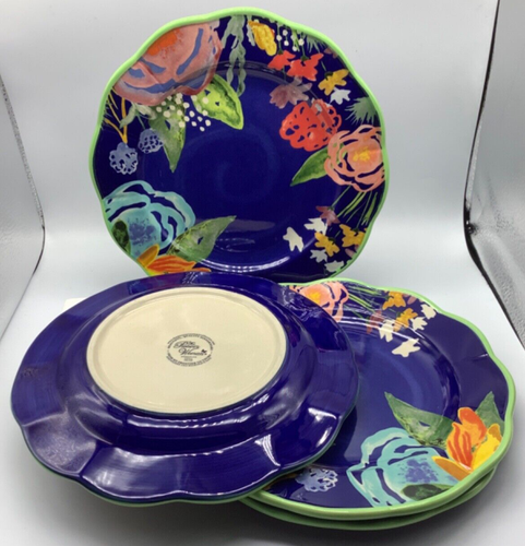 Pionierin Celia, Blumenmuster dunkelblau, grüner Rand Salatteller 8,3/4 Zoll Set 4 - Bild 2 von 5