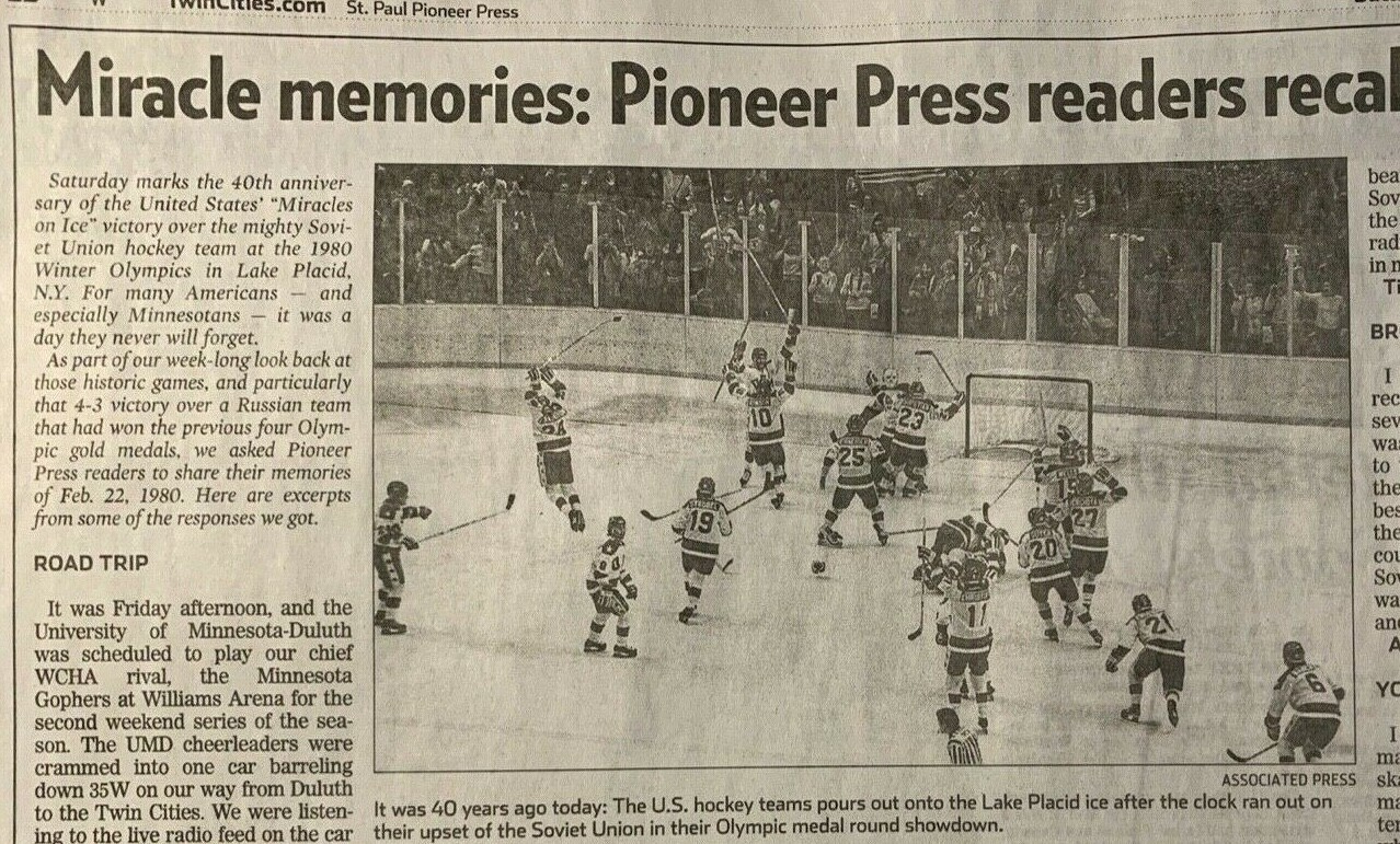 "Miracle on Ice" 2/23/1980 St Paul Newspaper section USA 4, USSR 3