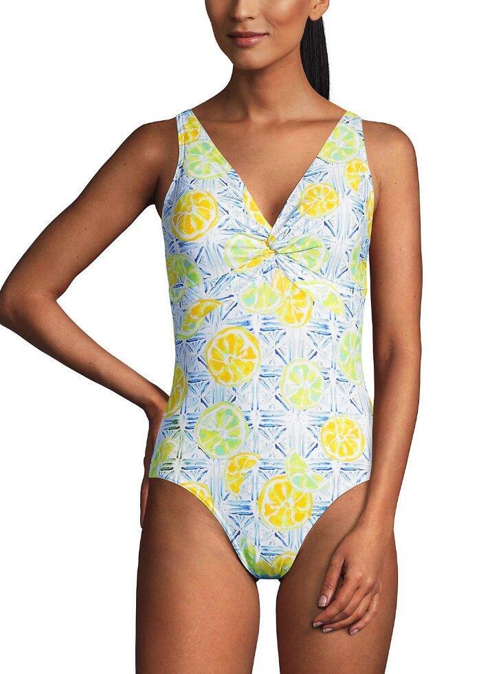 LANDS' END 12P, 16P Tummy Control V-neck Twist Front Swimsuit NWT $106