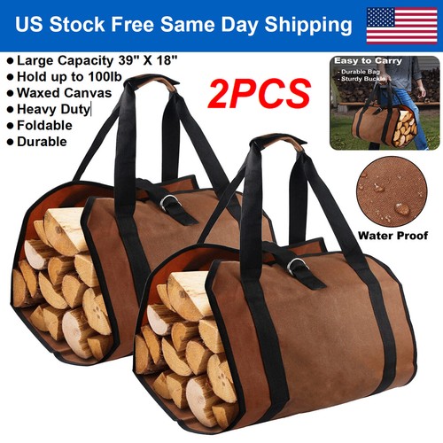 2PCS Large Firewood Log Carrier Bag Heavy Duty Waxed Canvas Log Holder Tote Bags