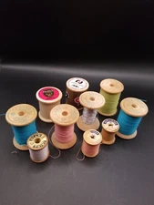 lot of 10 wooden spools some with thread: clark,tg&y golden,coats & clark,etc