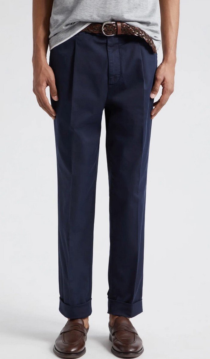 Brunello Cucinelli Pleat Front Garment Dyed Cotton Gabardine Pants 