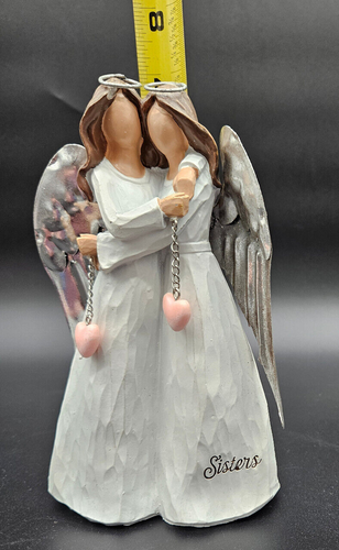 Figura Hermanas Ángel Alas de Plata Sosteniendo Corazones Abrazando Hermanas 7" - Imagen 7 de 8