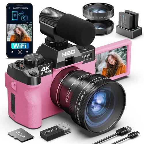 Nbd 4K Digital Cameras 48Mp 16X Autofocus With WiFi for YouTube Photography Pink