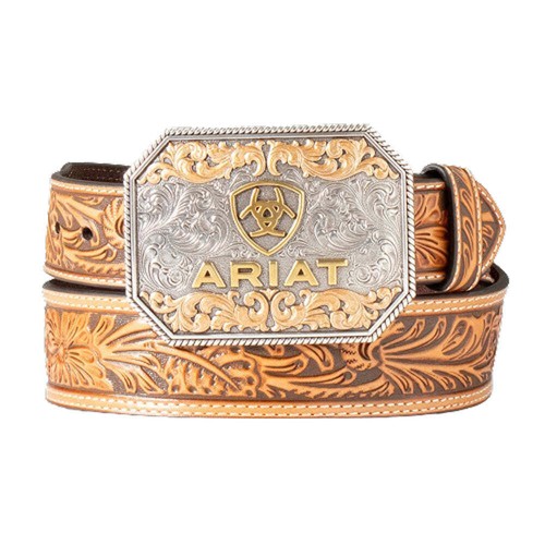 Cinturón de cuero bronceado en relieve floral A1042208 Ariat con hebilla cuadrada Ariat NUEVO - Imagen 2 de 9