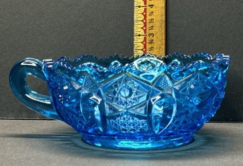 Vintage LE Smith Heritage Aqua Blue Pressed Glass Bowl "Nappy Dish" With Handle - Picture 17 of 20