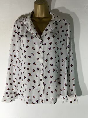 Next Petite UK 12 Damenbluse weiß Schmetterlingsmuster Langarm Freizeithemd Bluse