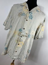 Tommy Bahama XL Hawaiian Shirt Tan Blue Floral Silk Button Down Front S/S M3