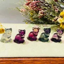 5pc Natural fluorite carved mini cat quartz crystal reiki healing