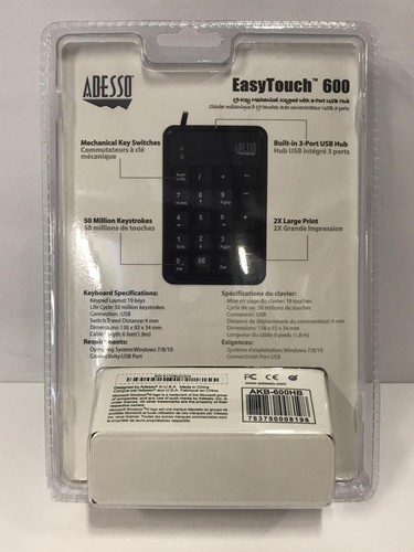 Adesso AKB-600HB 19-Key Mechanical Keypad with 3-Port USB Hub - Picture 2 of 3