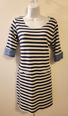 JOULES MARINERS GRADE Dress Size 12 Navy White Stripe W/ Pockets & Cuffs [A2]