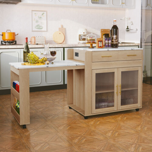 Extendable Kitchen Island on Wheel Rolling Kitchen Island Cart with Power Outlet image