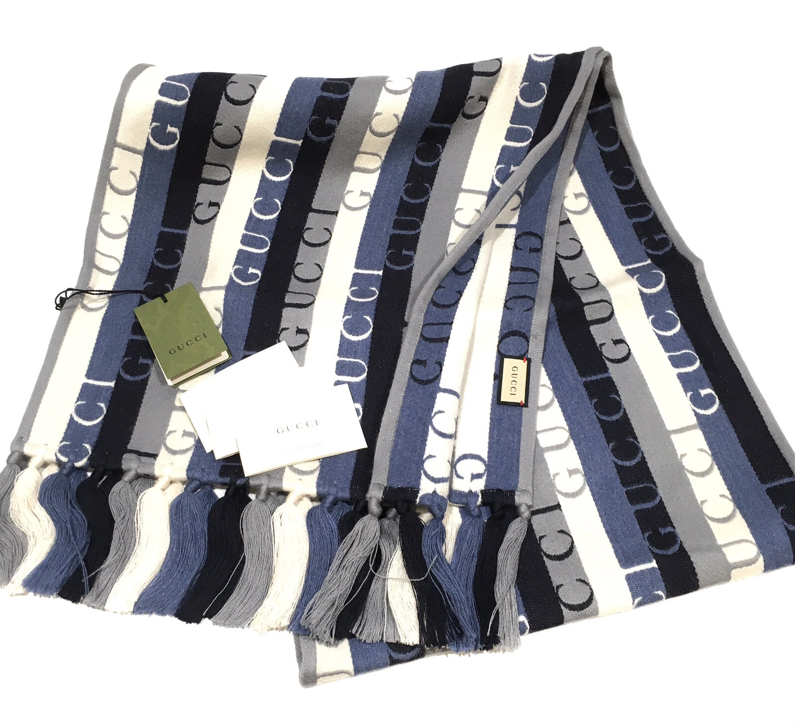 ÉCHARPE LONGUE RAYÉE LAINE GUCCI AUTHENTIQUE   GRIS / BLEU   NEUF AVEC ÉTIQUETTES