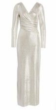 ELIZA J Silver Maxi Dress Long Sleeve Metallic Faux Wrap Vneck Evening Size 6