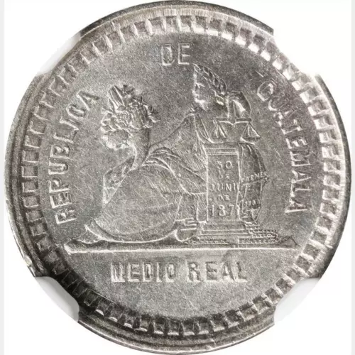 1889 Guatemala 1/2 Real NGC MS 62. Single Finest @ NGC. KM-155.2