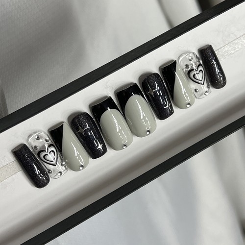 🤍 CUSTOM Hard Gel Press On Nails Black GREY HEART Bling 10p FULL SET SQUARE - 第 16/16 張圖片