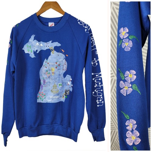 Vintage 80s Sweatshirt XL Crewneck Michigan UP Landmarks Pufflack Pullover MI
