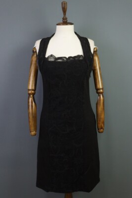 Save The Queen Black Embroidered Floral Bodycon Sleeveless Dress Size L