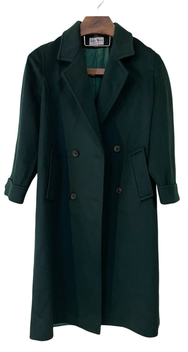 VTG John Weitz Green Double Breasted Wool Trench Coat Lined Size
