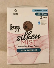 Leggs Silken Mist 2 PAIRS Silky Sheer Leg Tights Q NUDE Control Top / Cool 98133