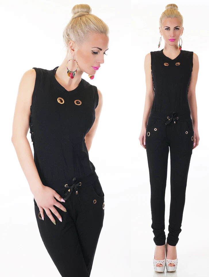 Tuta donna overall intera jumpsuit maglia di cotone nero coulisse tasche nuova - Immagine 2 di 4